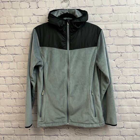 Columbia Gray Black Hooded Fleece Zip Up Jacket Large Lightweight Fall - Picture 1 of 7